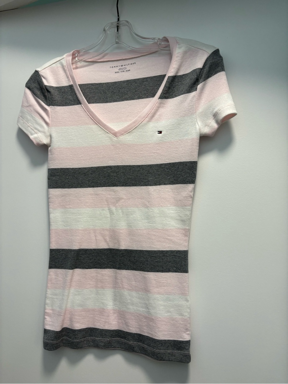 Tommy Hilfiger Pink, Gray & White Striped V-Neck Tee (NWT)